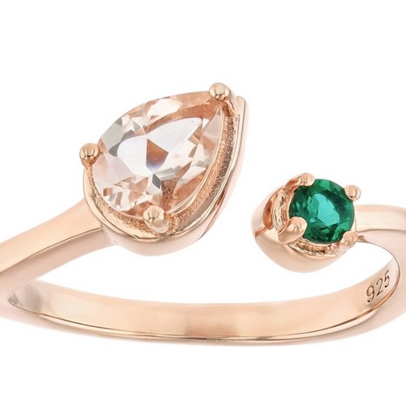 Jewelry - Peach Morganite w/Lab Created Emerald 18k Rose Gold Over 925 Silver Ring 0.62ctw